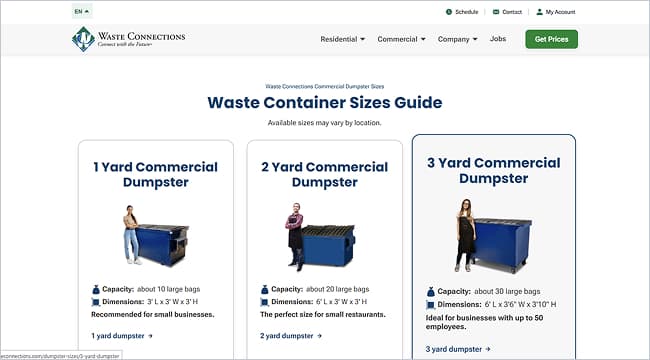 Waste Connections dumpster sizes guide page