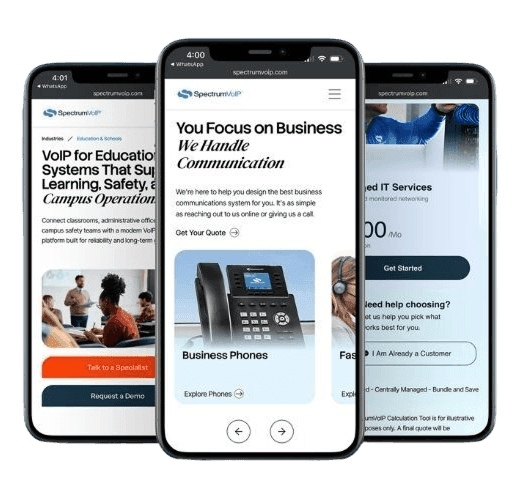 The redesigned SpectrumVoIP site shown across three phone screens